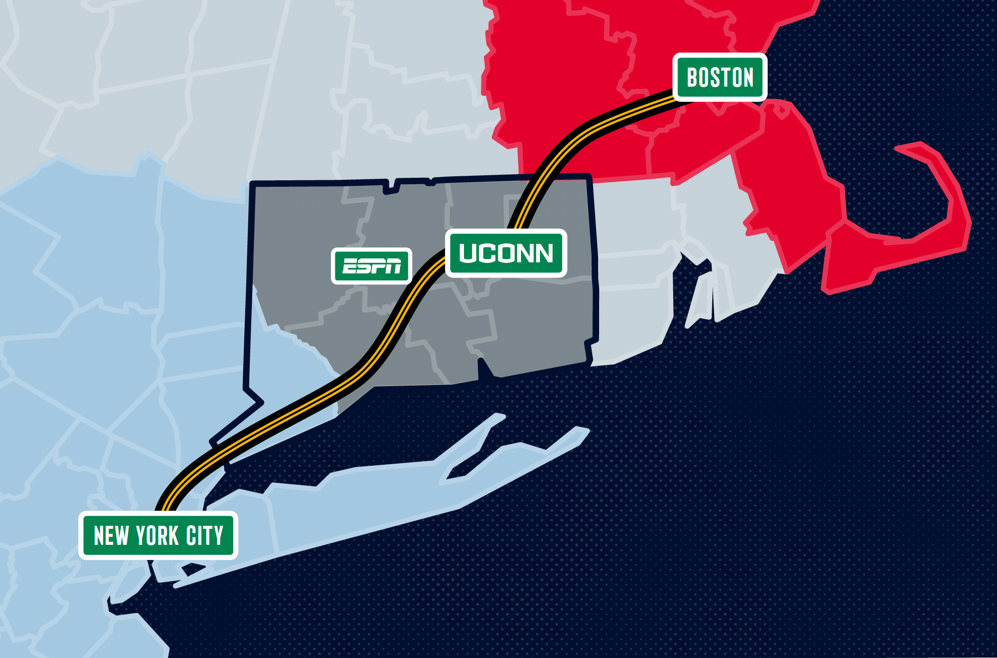 a map of UConn Connecticut, New York, Boston, and ESPN, all connected through a road