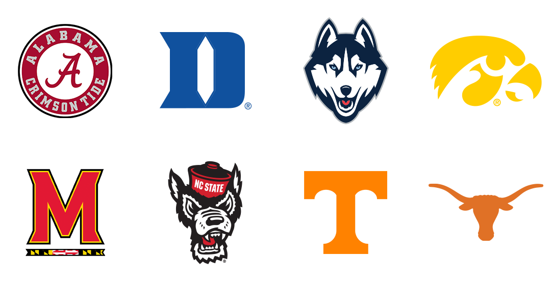 Alabama, Duke, UConn, Iowa, Maryland, NC State, Tennessee, Texas school logos